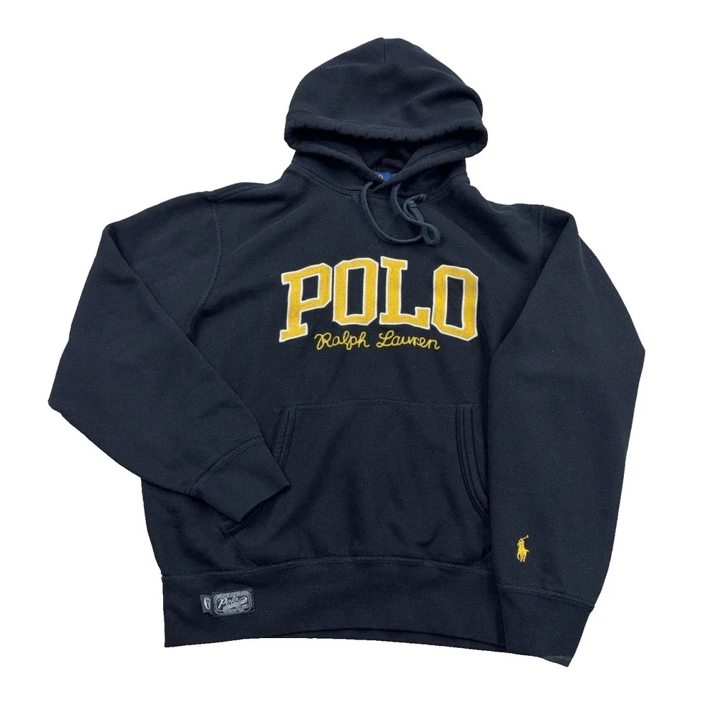 Polo Ralph Lauren Hoodie Men Medium Black Yellow Sweatshirt PRL Cord Spellout